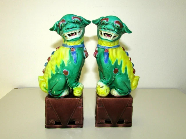 Antique Vintage Chinese Glazed Colorful Porcelain Foo Dog Guardian Statues 6,5''