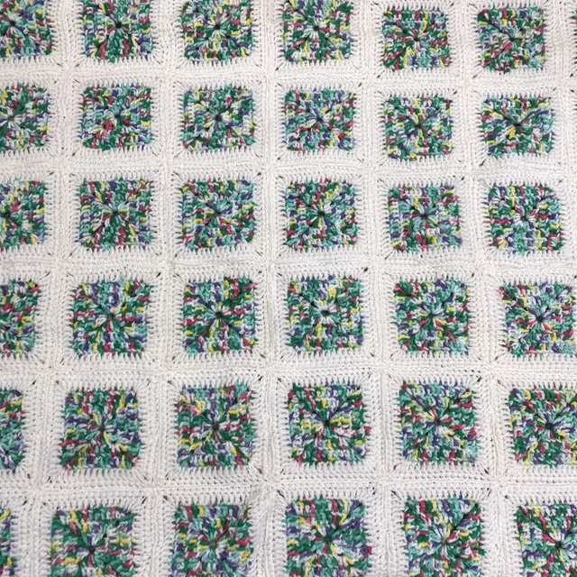 VINTAGE GRANNY SQUARE White Afghan Crochet Blanket 38” x 57” Handmade