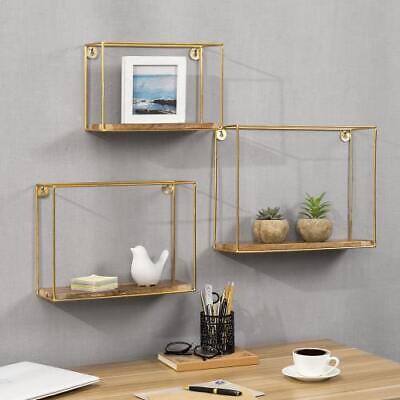Wall Mount Floating Shelf w/ Mango Solid Wood & Brass Metal Wire Frame, Set of 3