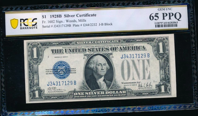 AC 1928B $1 Silver Certificate PCGS 65 PPQ J-B block  Fr 1602