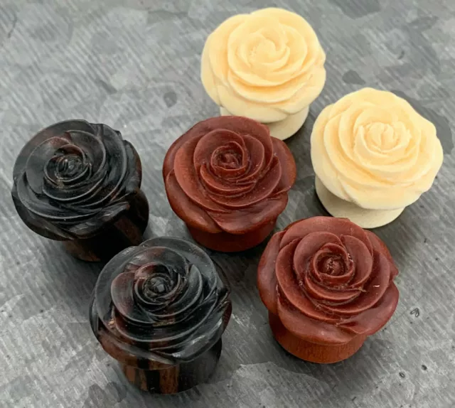 PAIR Blooming Rose Flower Wood Plugs Double Flare Organic Gauges Body Jewelry