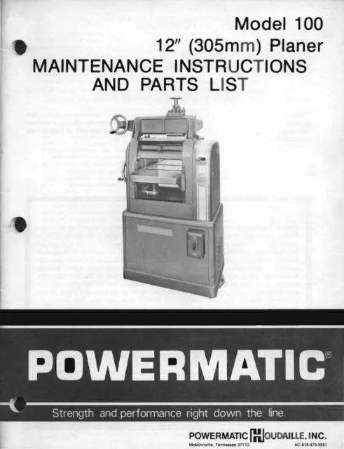 12in Planer Maint. Instructions & Parts List Manual Powermatic Model 100  PM37
