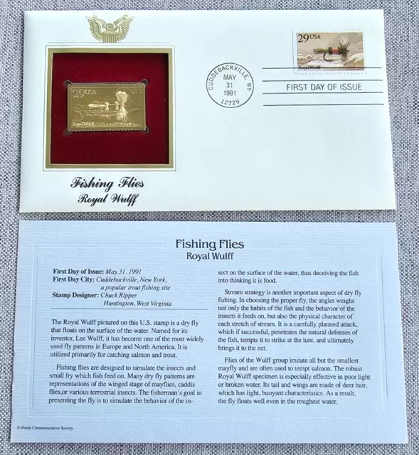 FLY FISHING FLIES / ROYAL WULFF ~ 22k Gold Foil FDC 1991 Stamp FIRST DAY ISSUE