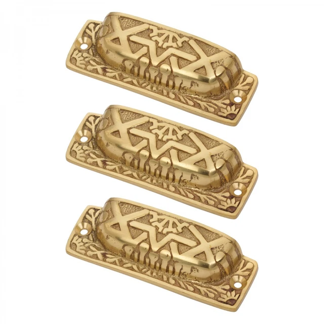Brass Drawer Knobs Cup Bin Pulls 3.7" W x 1.2" H Colonial Azteca Style Pack of 3
