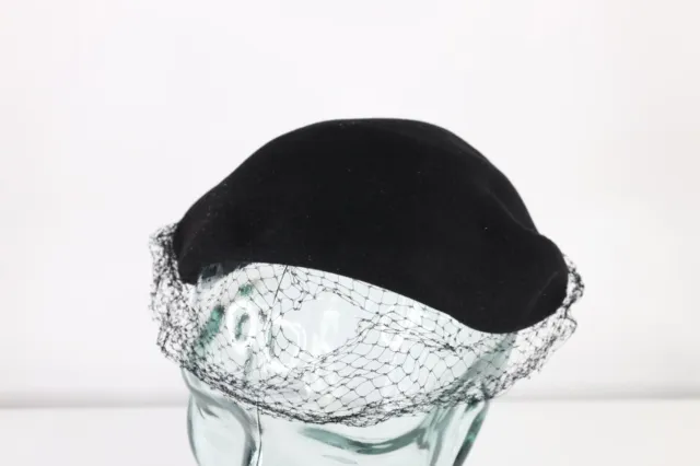 Vintage 50s Womens Felt Wool Fishnet Lace Cocktail Perch Hat Cap Black