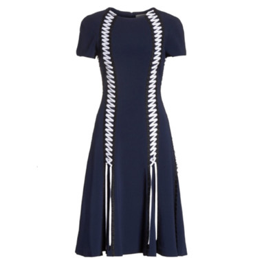 Jonathan Simkhai Midi Dress Womens 10 Navy Blue White Lace Up Crew Neck Crepe