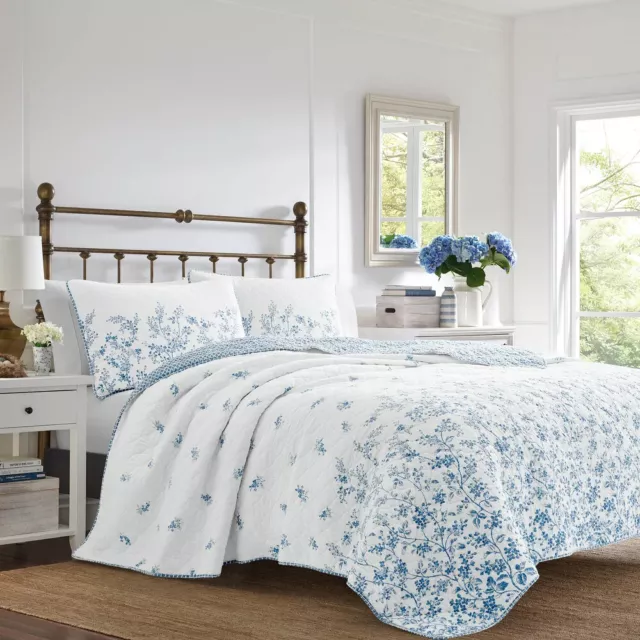 New ~ Cozy Chic Shabby Country French Blue White Floral Cottage Leaf Quilt Set