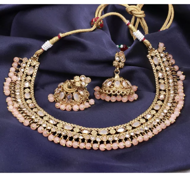 Conjunto de pendientes de collar de perlas de melocotón en tono dorado de...