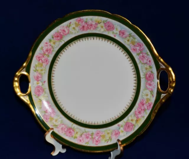 Anq J Pouyat Limoges Frankreich Gold Grün Band Rosa Rosen 10 " D Griff Kuchen