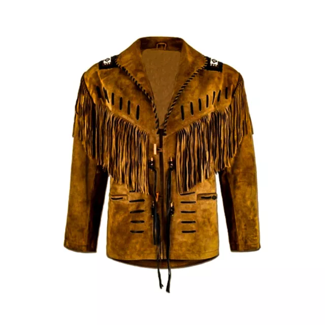 Men Fringe Suede Leather Jacket Western Cowboy American Native Tan Brown