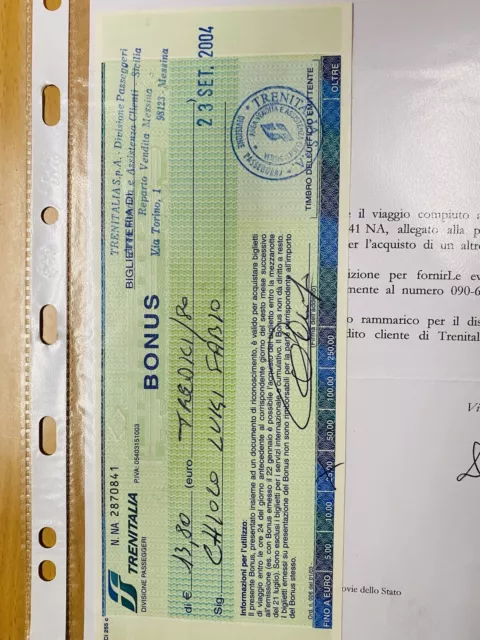 Assegno Bancario Bonus In Euro Emesso Da Istituto  Ferrovia Con Documentazione