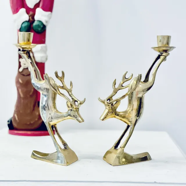 Vtg Brass Reindeer Candle Stick Holders Christmas  Figurine Buck Set of 2 MCM