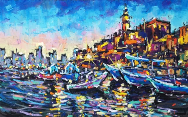 ORIGINAL oil pastel painting TEL AVIV Jaffa seascape Israel art 9.5"x15.5"