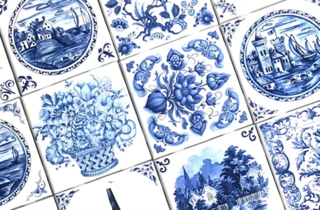 Blue & White Delft Design Assortment of 12 Kiln Fired Backsplash Ceramic Tiles