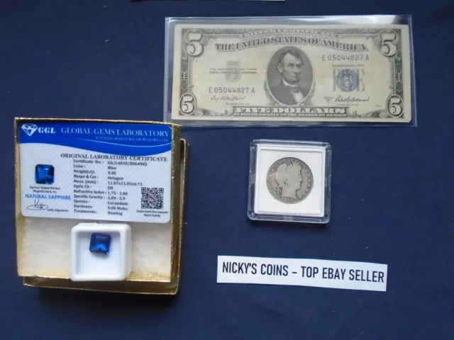 ✯ 3 Pc. Lot Barber Half, Rare Silver Certificate,Sapphire- Sale- Estate Lot✯