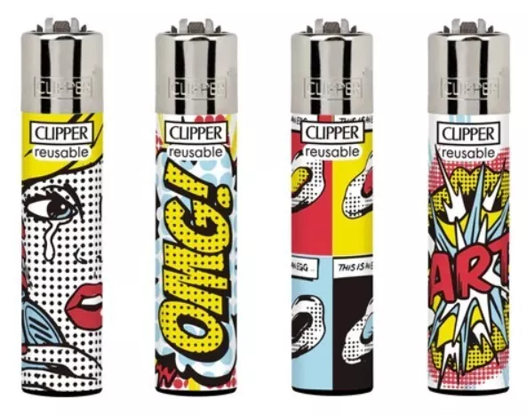 4 x Clipper Lighters POP ART V5 Gas Lighter Refillable YOU GET ALL 4 UK