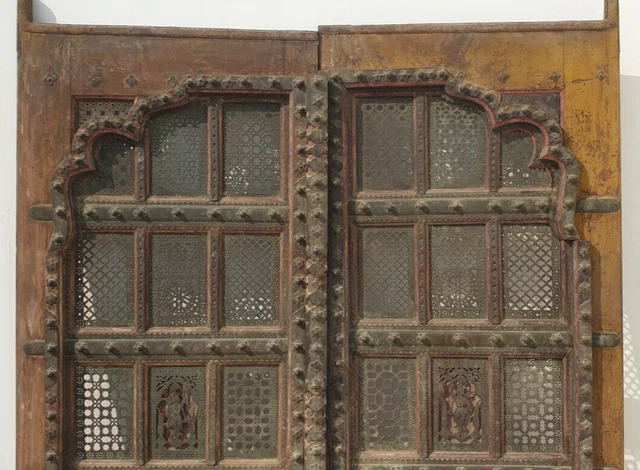 Antique Temple Door Wooden Brass Jali Handmade Indian Vintage Collection / Decor 10