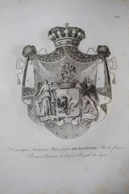 Gravure Blason Heraldique Comte De Bastard Armoiries Restauration 1815