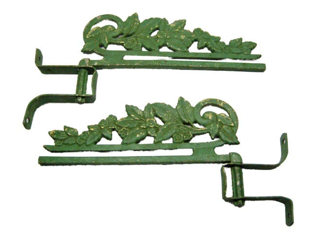 2 VTG Swing Arm Curtain Drapery Rods Floral Green + Wall Brackets No Extenders