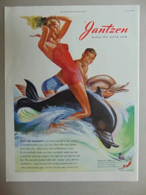 1947 Jantzen Swim Wear Couple Ride on Dolphins vintage art print ad