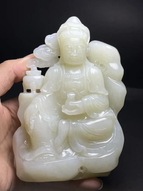 Chinese Exquisite Handmade Guanyin carving Hetian Jade Statue