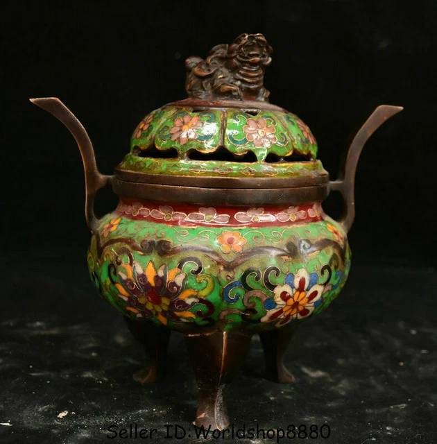 7.6" Marked Old China Cloisonne Enamel Bronze golden toad Incense Burner Censer