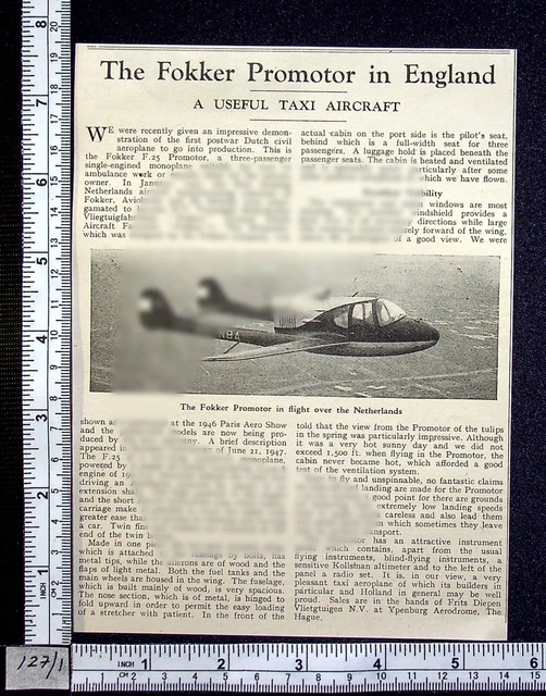 Fokker F.25 Promoter PH-NBA aeroplane press cutting 1948 taxi aircraft