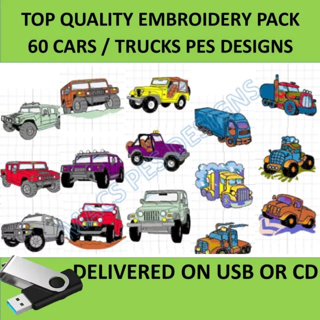 Cars / Trucks 60 PES designs on USB / CD brother Machine Embroidery files car