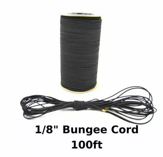 1/8" Shock Cord, Elastic Stretch Rope for Custom Bungee Lengths (Black -100 Ft)