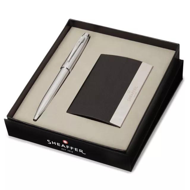 SHEAFFER 100 Ballpoint Pen Gift Set - Brushed Chrome with Business Card Holder