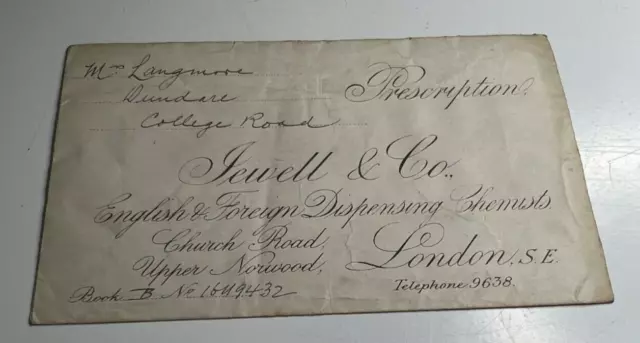 Antique Prescription Envelope  Sewell & Co Upper Norwood  London SE
