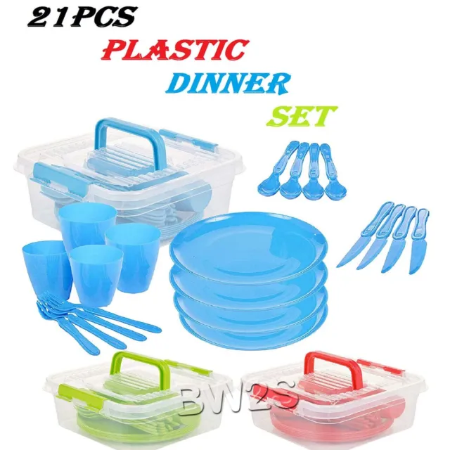 21 Pc Picnic / Camping Sets 4 Cups, 4 Plates, 4 X 3 Pc Cutlery Plus New