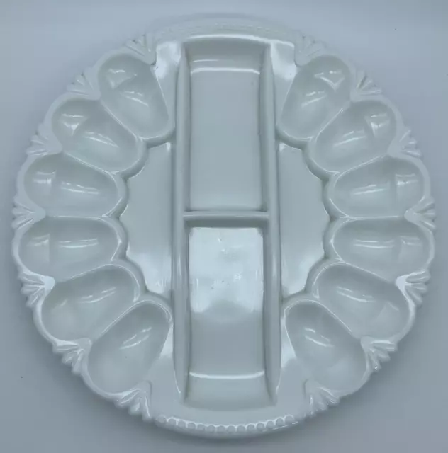 Vintage L.E. Smith White Milk Glass Deviled Egg & Relish Plate Dish 10 3/4"