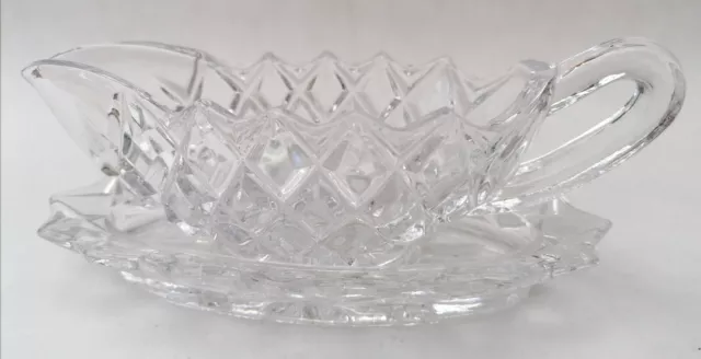 Pressed Glass Vintage Gravy Sauce Boat And Saucer Diamond Pattern