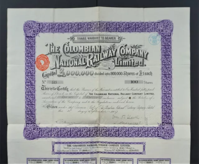 Colombia - The Colombian National Railway Co,- 1909 - share warrant