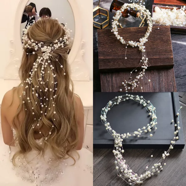 Womens Bridal Pearl Flower Hair Vine Tiara Hair Band Wedding Prom Party Headband