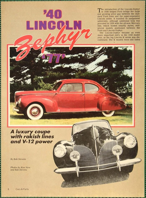 V-12 ‘40 Lincoln Zephyr Description Specs Vintage Pictorial Article 1985