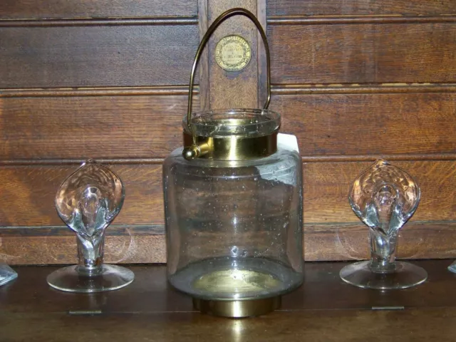 Blown glass Lantern with antiqued brass base and handle