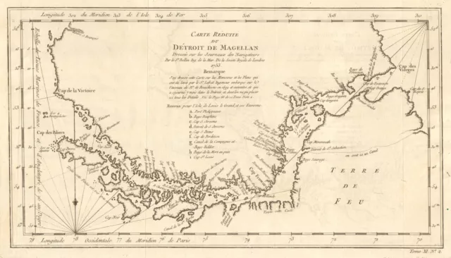 'Carte r?duite du D?troit de Magellan' Strait, Chile. BELLIN 1753 old map