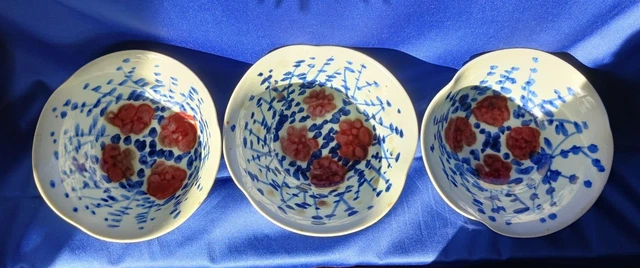 3 Vintage Chinese Jingdezhen porcelain bowls w red blossoms inside 6" w 2.5" h