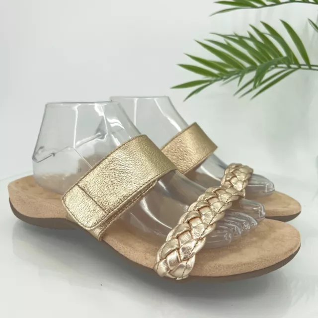 Vionic Women's Jeanne Sandal Size 9 Gold Leather Braided Flip Flop Slide Comfy
