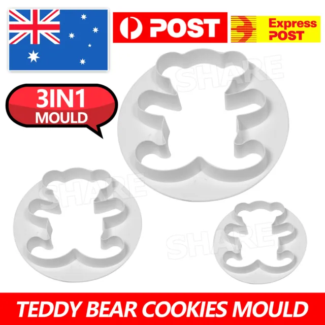 3x Pastry Cookie Fondant Icing Mould Shape Tiny Teddy Biscuit Bear Cutter Cake
