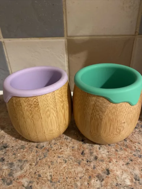 2x Bamboo Wooden Sippy Cups Baby Toddler Weaning Silicone Rim Lilac & Green