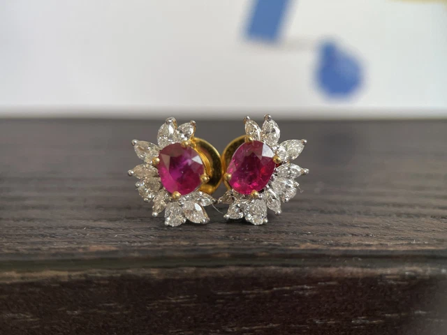 Burmese Unheated Ruby and Natural Diamond Earring in 18k solid gold