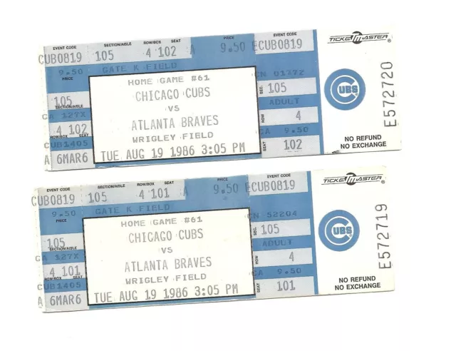 Chicago Cubs vs Atlanta Braves Unused Baseball Tickets from 8/19/1986