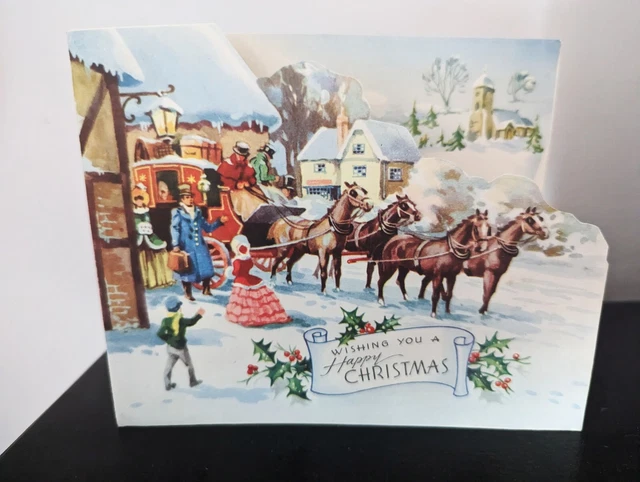 Vintage Crinoline 1950's Horse and Carriage Used Christmas Greeting Card (EB3706