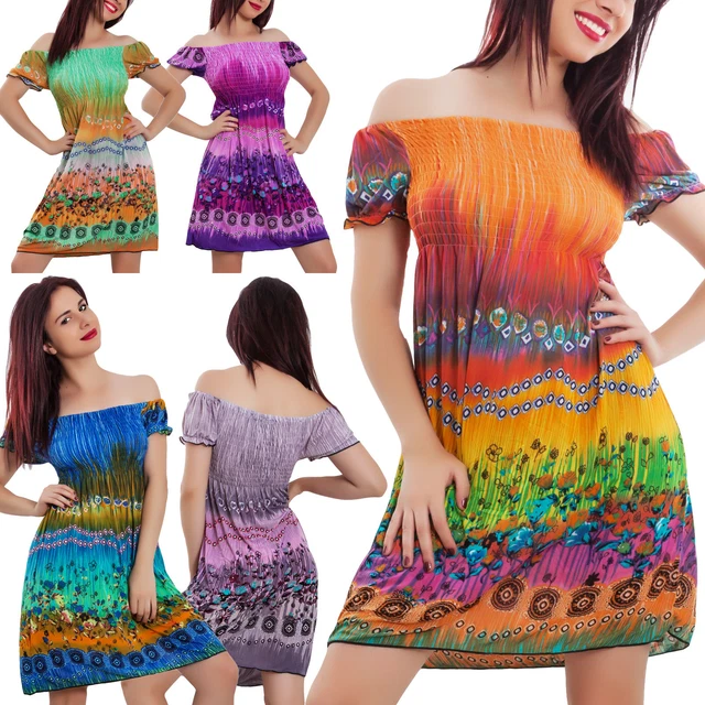 Vestito donna mini abito multicolor arricciato spalle nude corto estivo AL-304