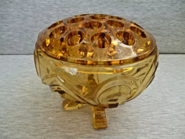 Sowerby Amber Glass FOOTED BOWL/VASE with 19 Hole FLOWER FROG - Great Cond