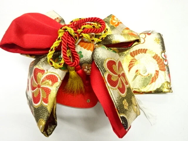 44864# Japanese Kimono / Ribbon Tsukuri Obi For Girls / Woven Flowers With Crane