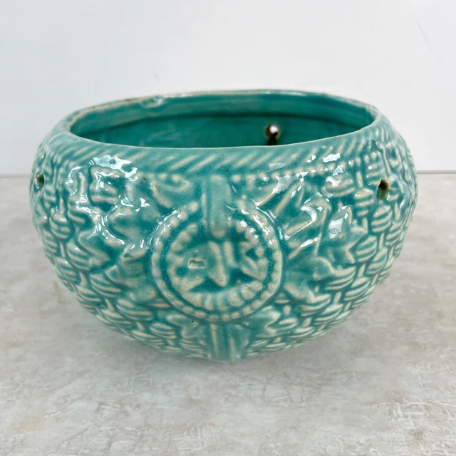 VINTAGE MCCOY POTTERY Ceramic Hanging Planter Teal Blue Aqua Basket
